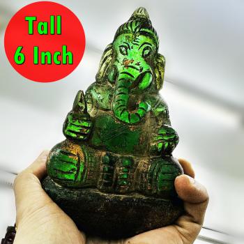Antique Ganesha Statue Rock Stone Leklai Naga Eye Hindu Deity Green Kruhod 18038