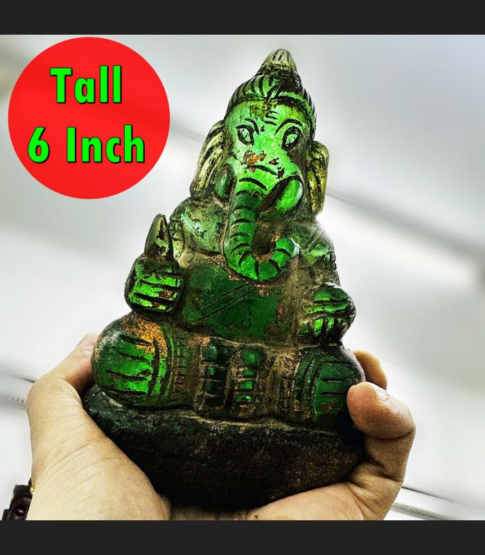 Antique Ganesha Statue Rock Stone Leklai Naga Eye Hindu Deity Green Kruhod 18038
