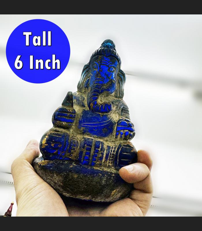 Antique Ganesha Statue Stone Leklai Naga Eye Hindu Deity Lucky Blue Kruhod 18039