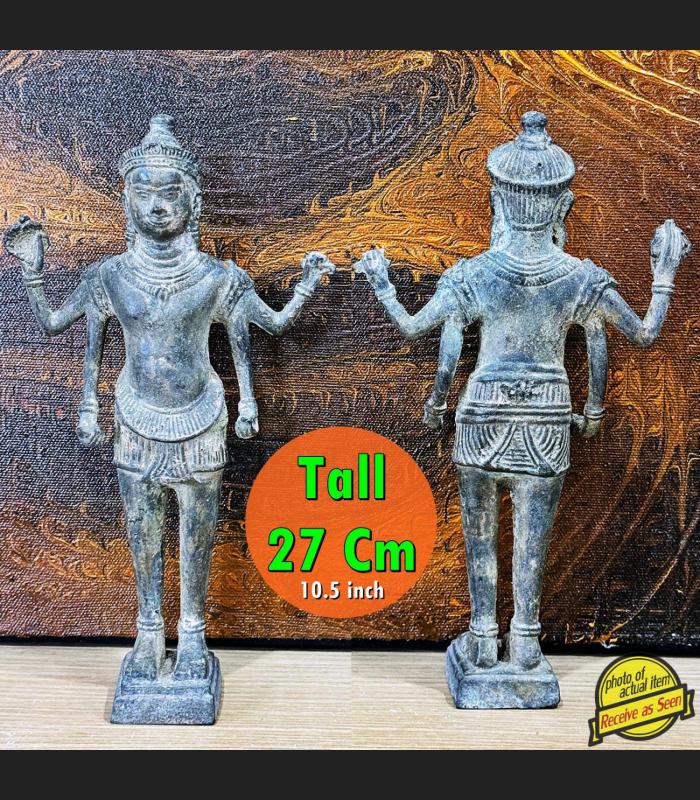 Antique Khmer Bayon Standing Deity 4Arm Vishnu Statue Bronze Protection #18062