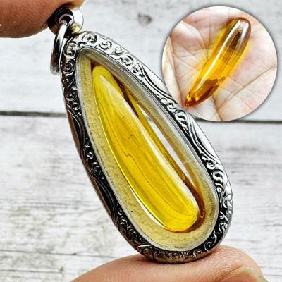 Leklai Kaew Naga Eye Healing Stone Wealth Yellow Crystal Tooth Thai Amulet 18125