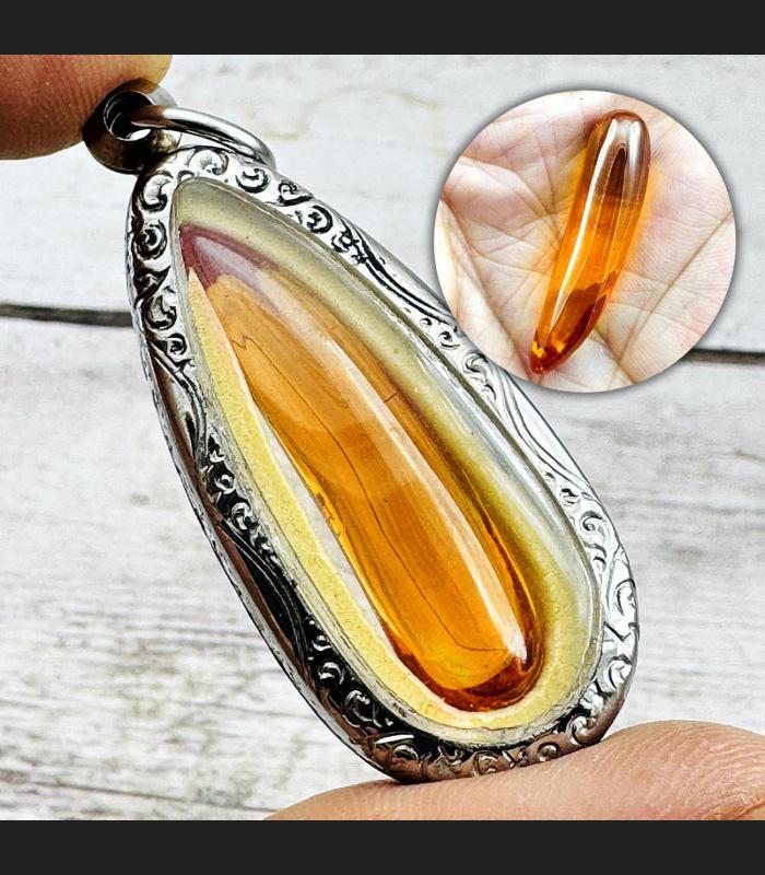 Leklai Kaew Tooth Naga Eye Healing Crystal Stone Orange Rich Thai Amulet #18129