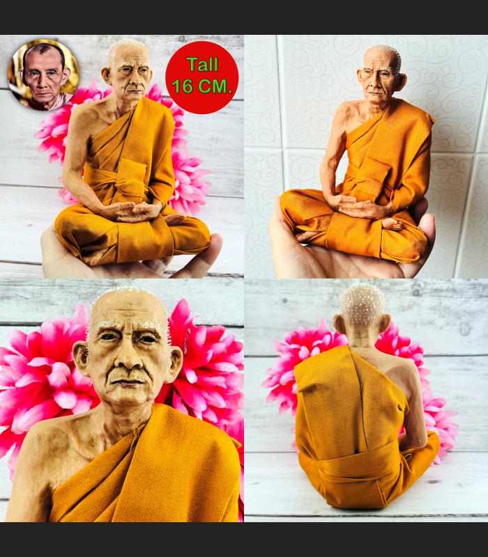 Lifelike 16cm Wax Art Monk Statue Lp Kuay Guay Watkositaram Thai Amulet #18144 Meditation 16cm