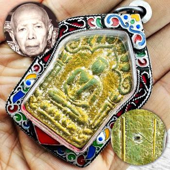 Silver Casing Khunpaen 3Takrut Tim Wat LaHanRai Be2515 Green Thai Amulet #18156