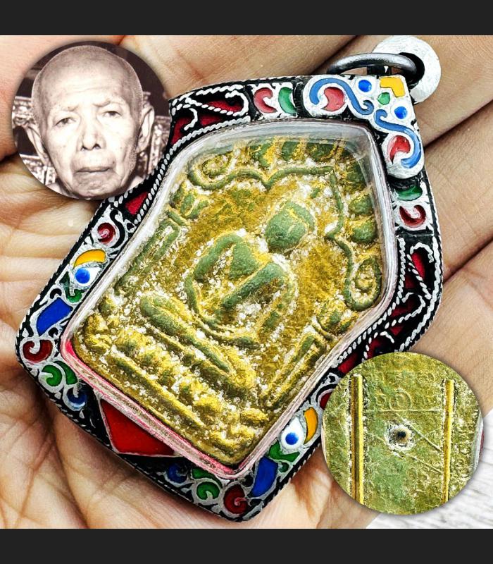 Silver Casing Khunpaen 3Takrut Tim Wat LaHanRai Be2515 Green Thai Amulet #18156