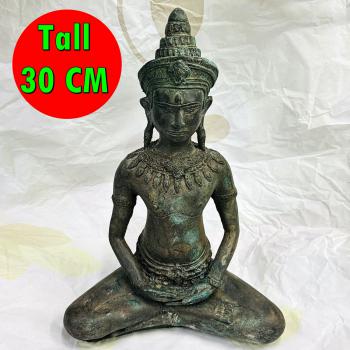 Antique Bronze Statue Lopburi Meditating Crowned Buddha Khmer 19th Amulet #18184
