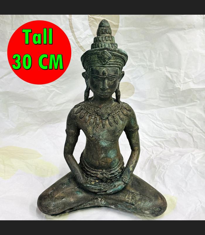 Antique Bronze Statue Lopburi Meditating Crowned Buddha Khmer 19th Amulet #18184