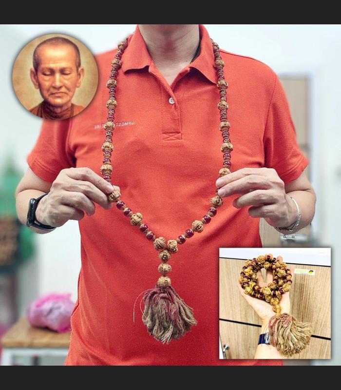 Antique Mala Necklace Red Stone Naga Eye Leklai Toh WatRaKang Thai Amulet #18204