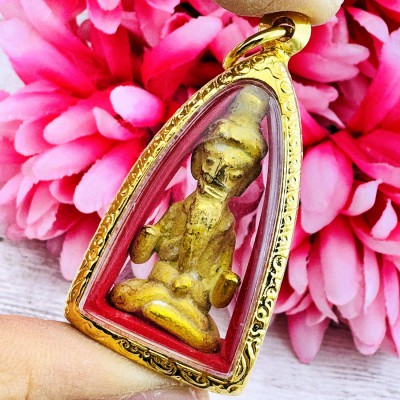 Lersri Hermit Healing Protection Leklai SuWanRaCha Yellow Gold Thai Amulet 18233