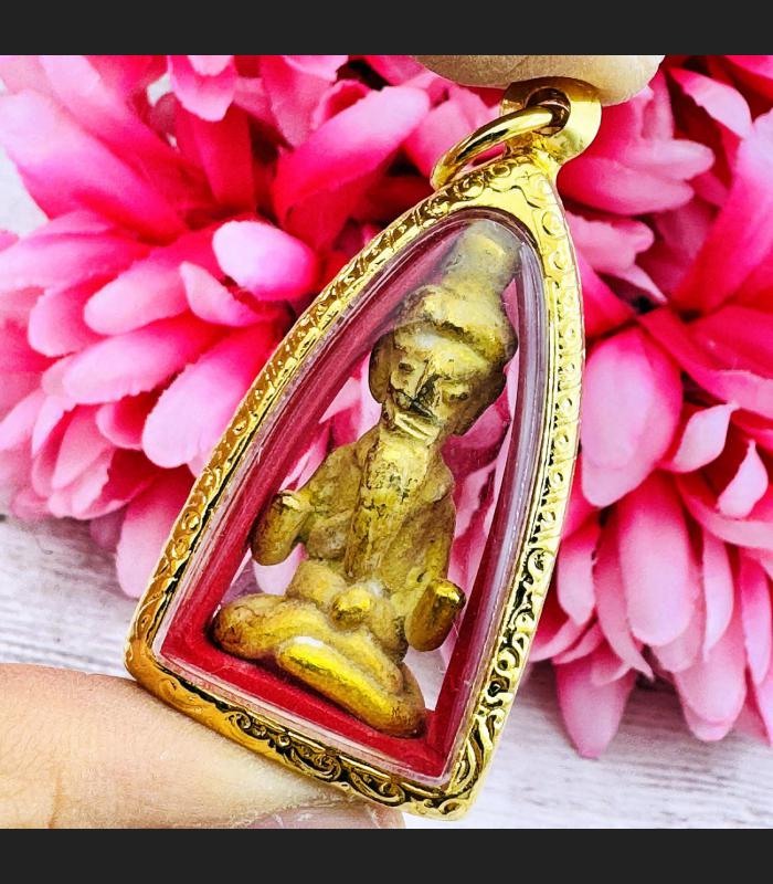 Lersri Hermit Healing Protection Leklai SuWanRaCha Yellow Gold Thai Amulet 18233