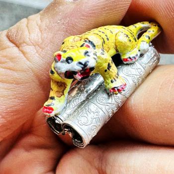 Double Takrut Tiger Leader Control Mind Command WatNok Be2555 Thai Amulet #18245