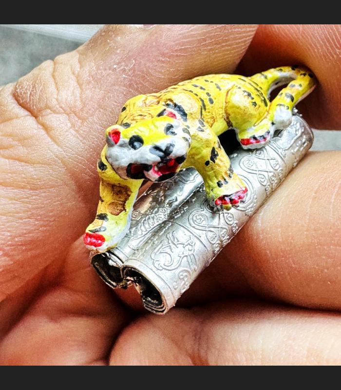 Double Takrut Tiger Leader Control Mind Command WatNok Be2555 Thai Amulet #18245