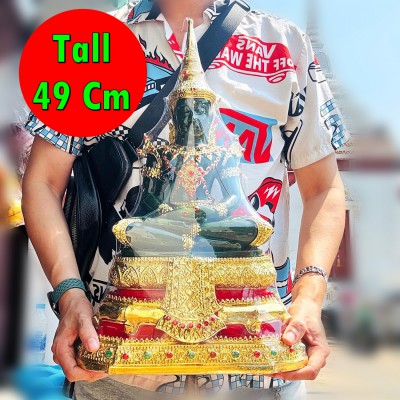 Large Meditation Emerald Buddha Statue Amulet Green Jade Gold Armor Summer 18304