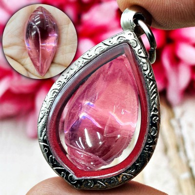 Leklai Naga Eye Cave Healing Stone Shell Lucky Love Lust Pink Thai Amulet #18413