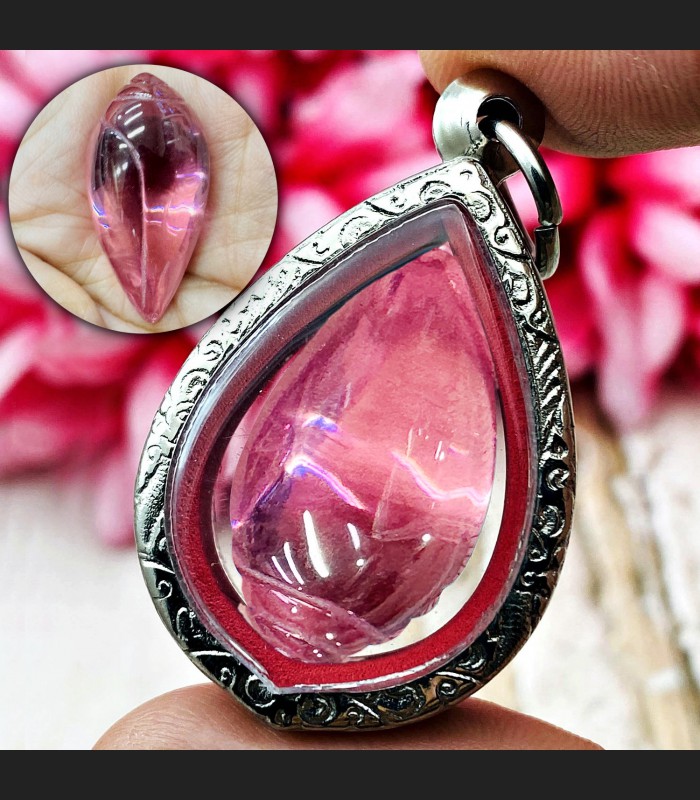 Leklai Naga Eye Cave Healing Stone Shell Lucky Love Lust Pink Thai Amulet #18413
