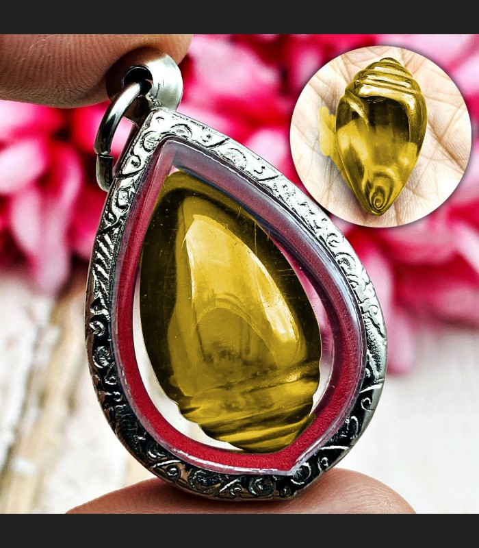 Leklai Naga Eye Cave Gambling Stone Shell Lucky Money Yellow Thai Amulet #18414