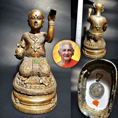 Bronze Statue Guman Thep Beckon Boy Catch Money Bag Key Be2548 Thai Amulet 18475