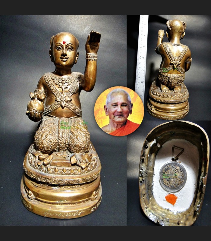 Bronze Statue Guman Thep Beckon Boy Catch Money Bag Key Be2548 Thai Amulet 18475