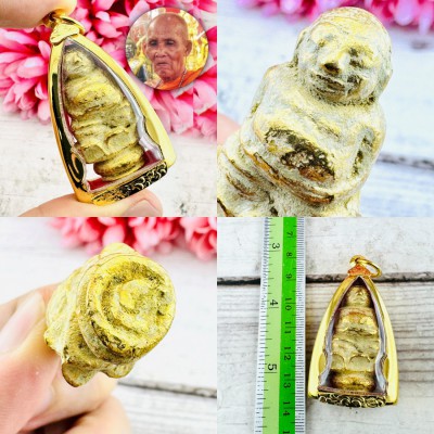 Leklai SuWanRaCha Yellow Gold Sankajai Happy Buddha Money Rich Thai Amulet 18755