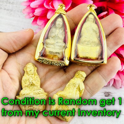 Leklai SuWanRaCha Yellow Gold Sankajai Praying Buddha Insight Thai Amulet #18760