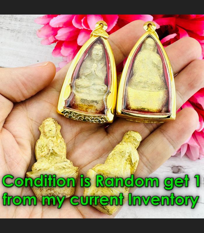 Leklai SuWanRaCha Yellow Gold Sankajai Praying Buddha Insight Thai Amulet #18760